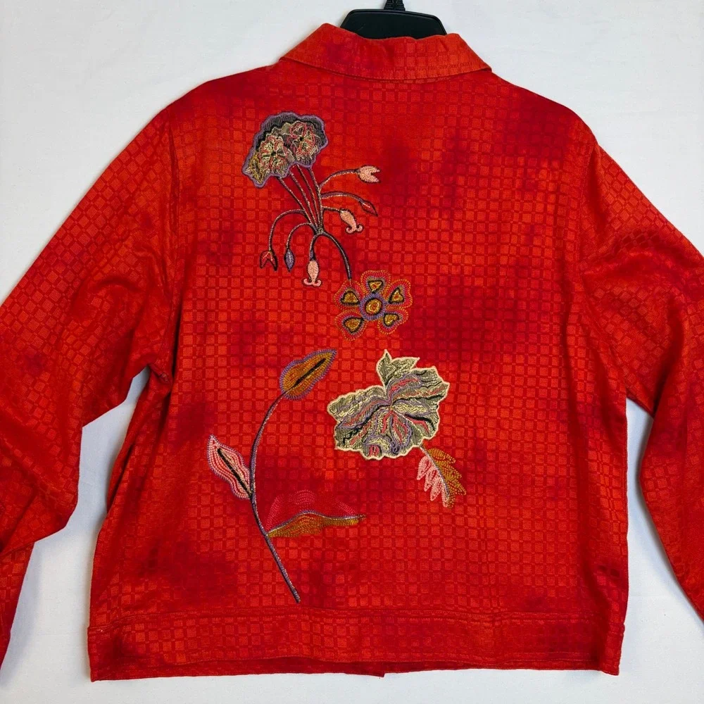 Vintage Drapers & Damons Red Floral Embroidered Button Front Jacket Large Loud‎